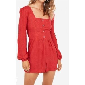 Express Red Long Sleeve Button-Up Romper Size S Doy Pattern